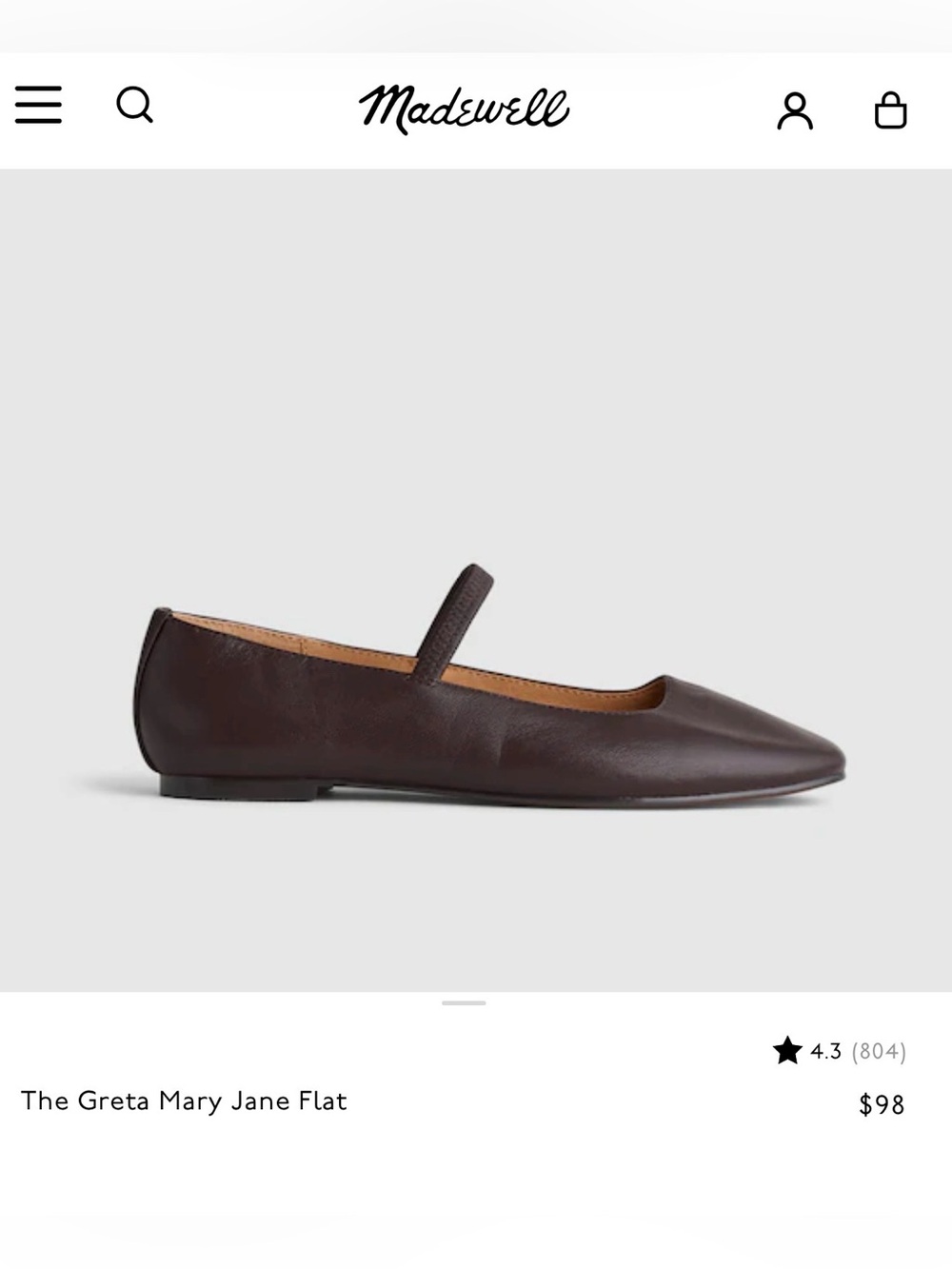 Madewell Greta Mary Jane Flat - Dark Brown Size 9